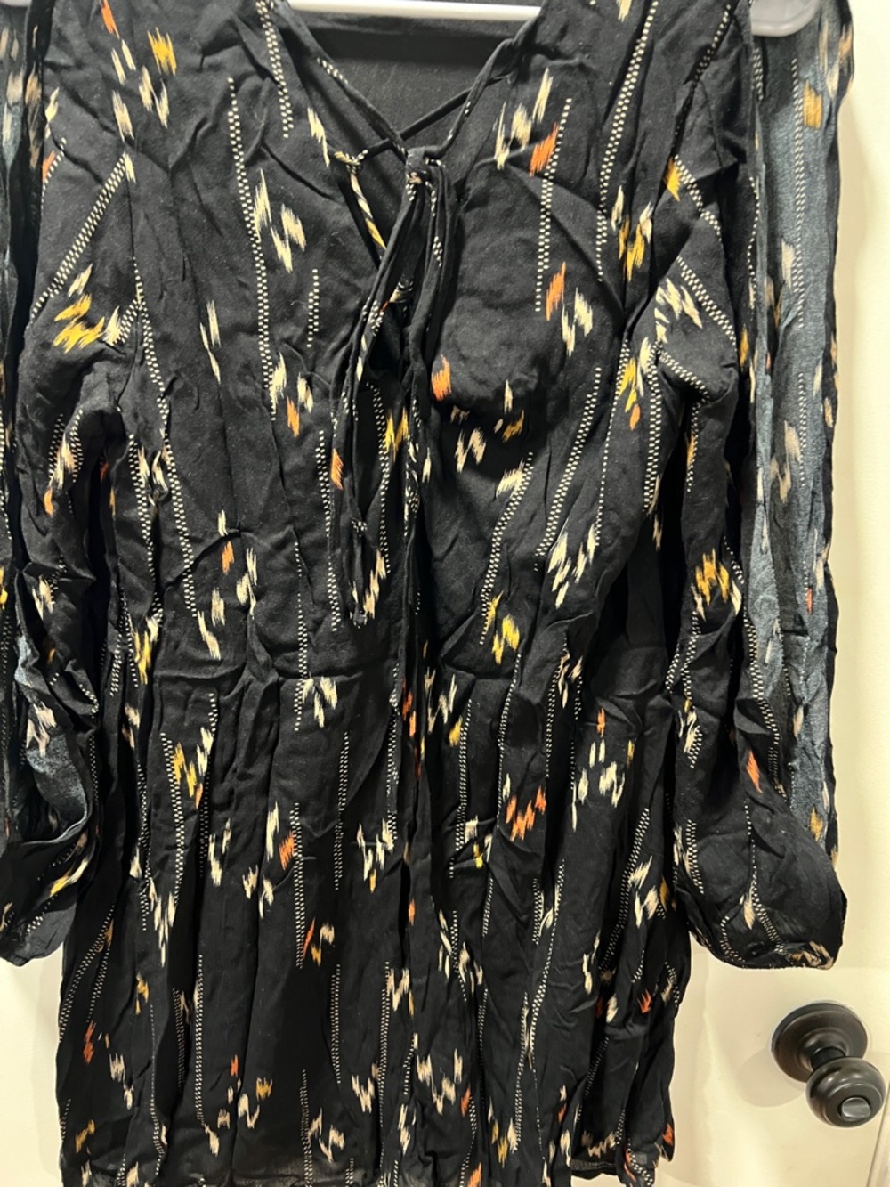 Black Ikat-Print Tie-Front Boho Dress